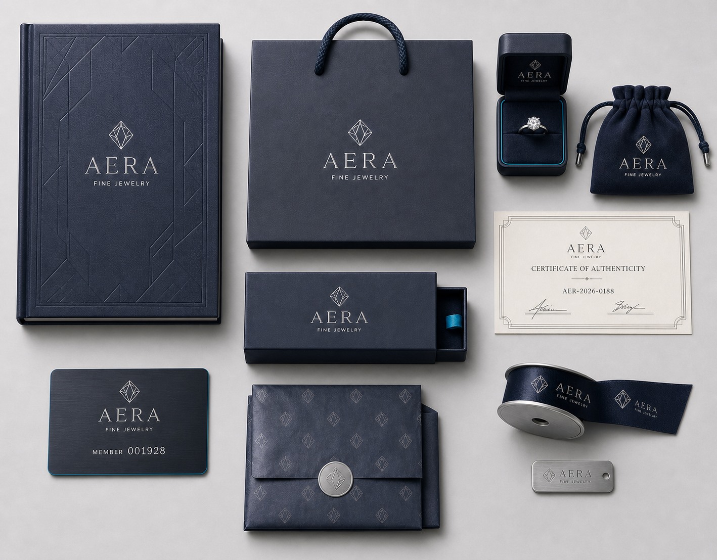 AERA 品牌規範書、提袋、珠寶盒、麂皮袋、抽屜盒、真品證書、會員卡、包裝紙、緞帶與金屬牌